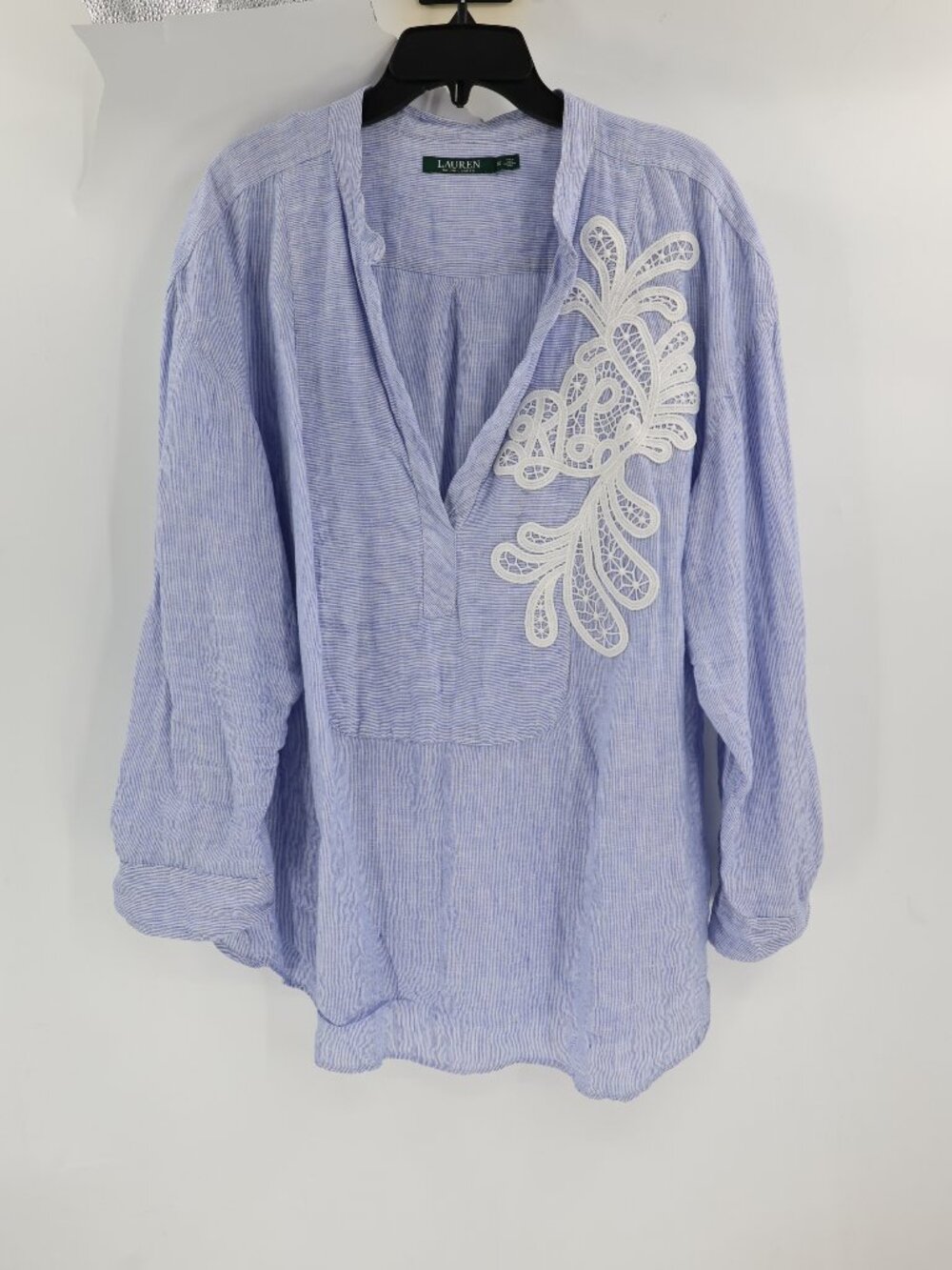 Lauren Ralph Lauren Top Women 3x Linen Tunic Striped V Neck Embroidered Blue